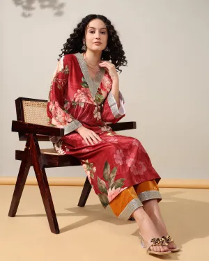 HOK ENSEMBLE - Printed Maroon yellow floral Velvet Suit set