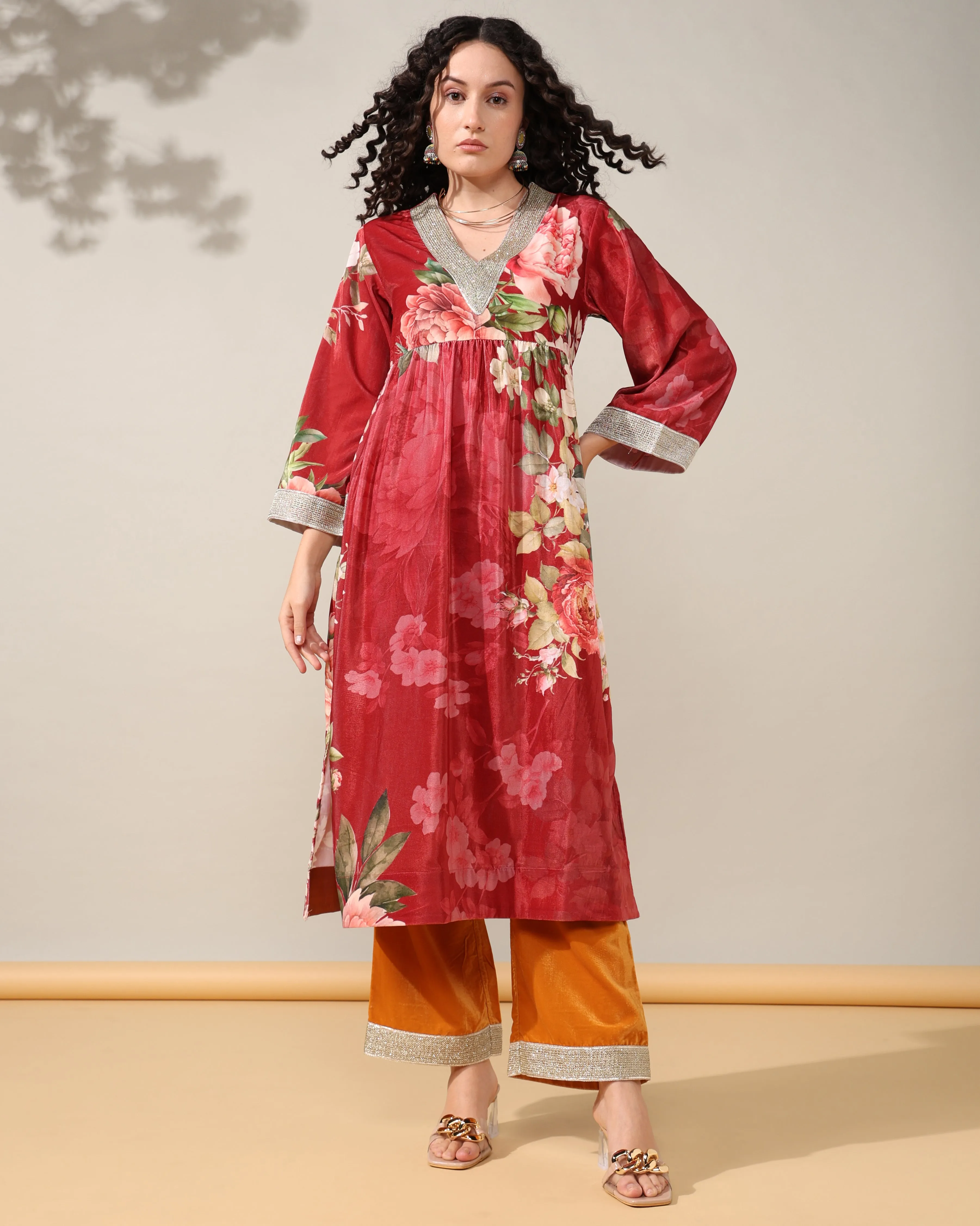 HOK ENSEMBLE - Printed Maroon yellow floral Velvet Suit set