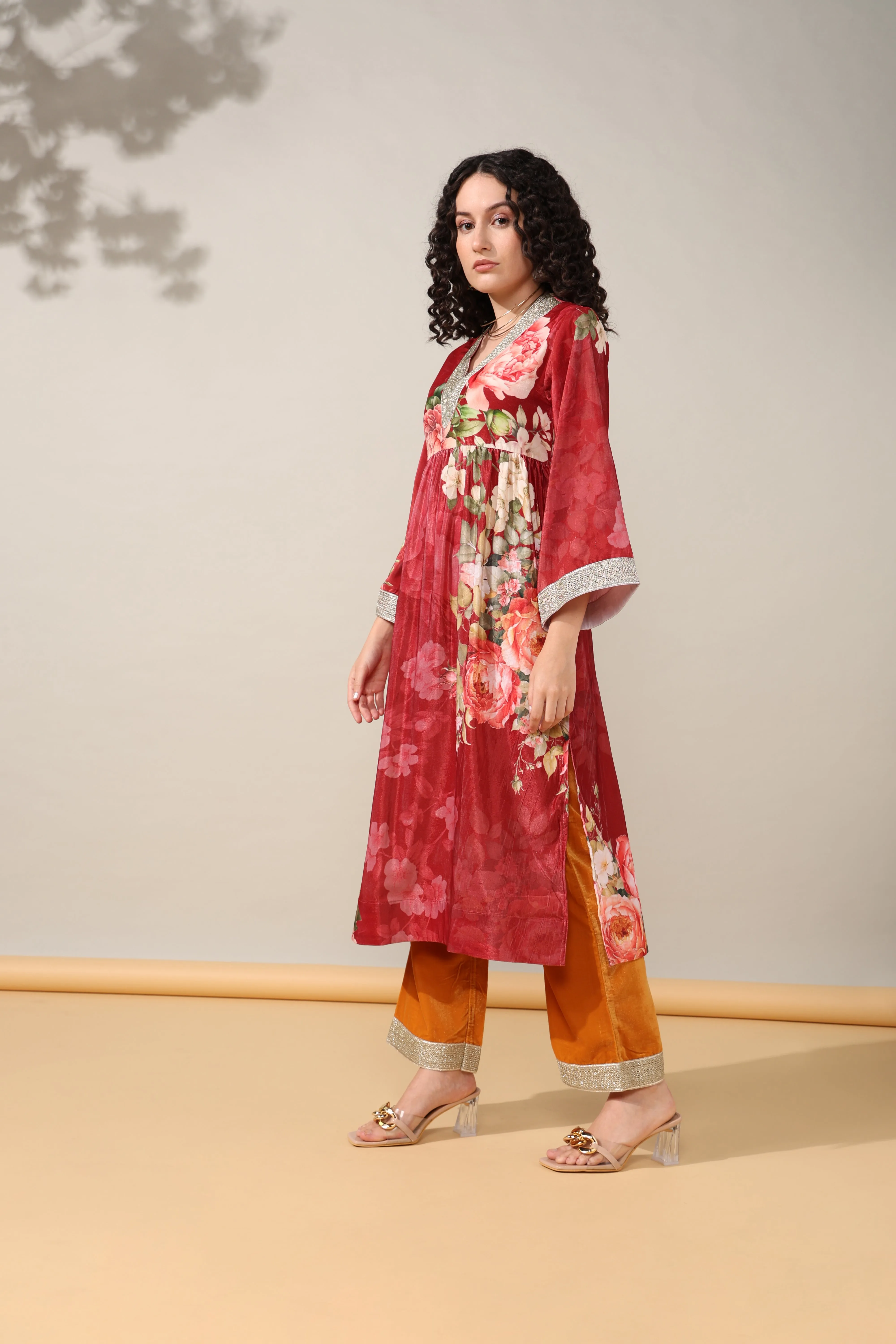 HOK ENSEMBLE - Printed Maroon yellow floral Velvet Suit set