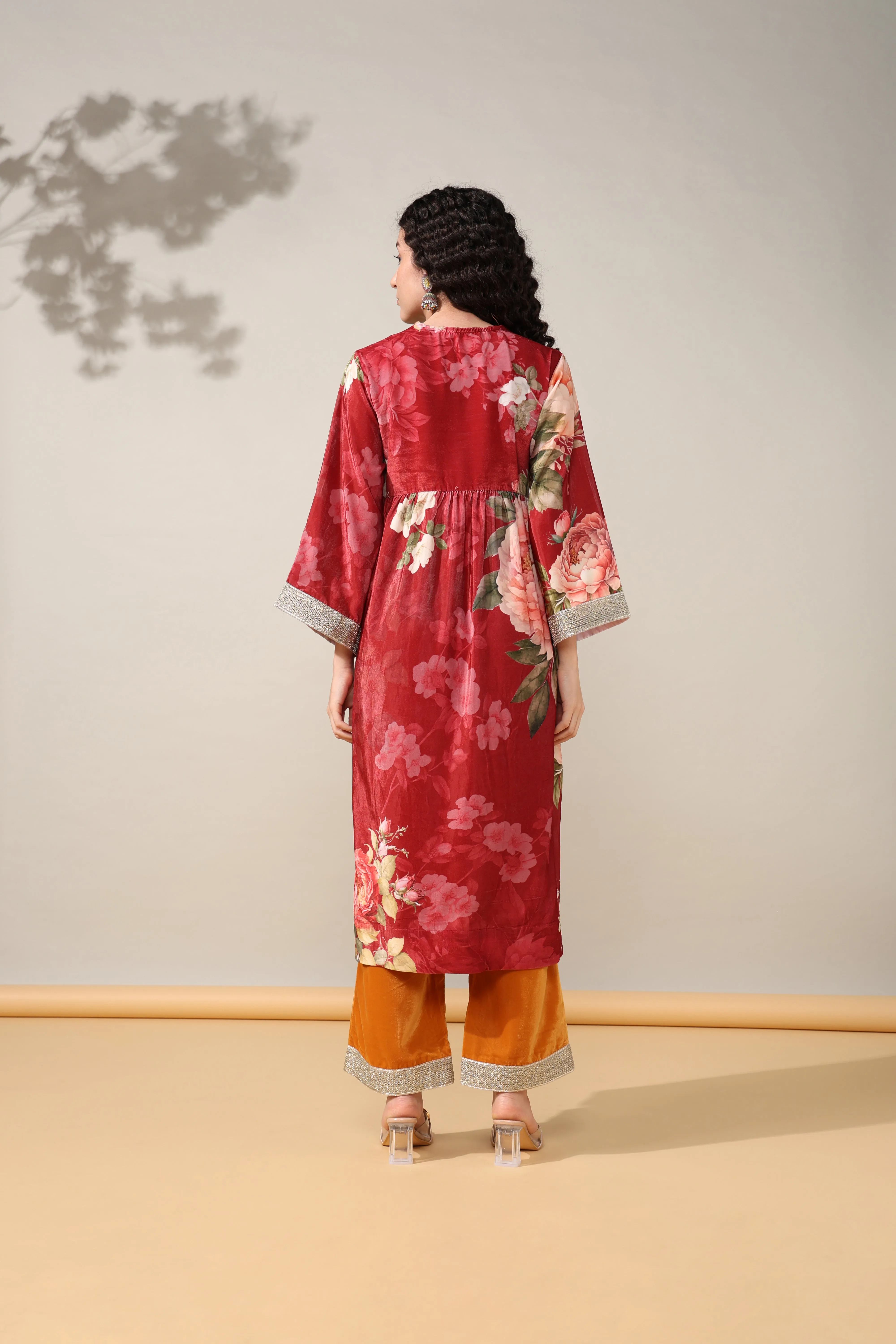 HOK ENSEMBLE - Printed Maroon yellow floral Velvet Suit set