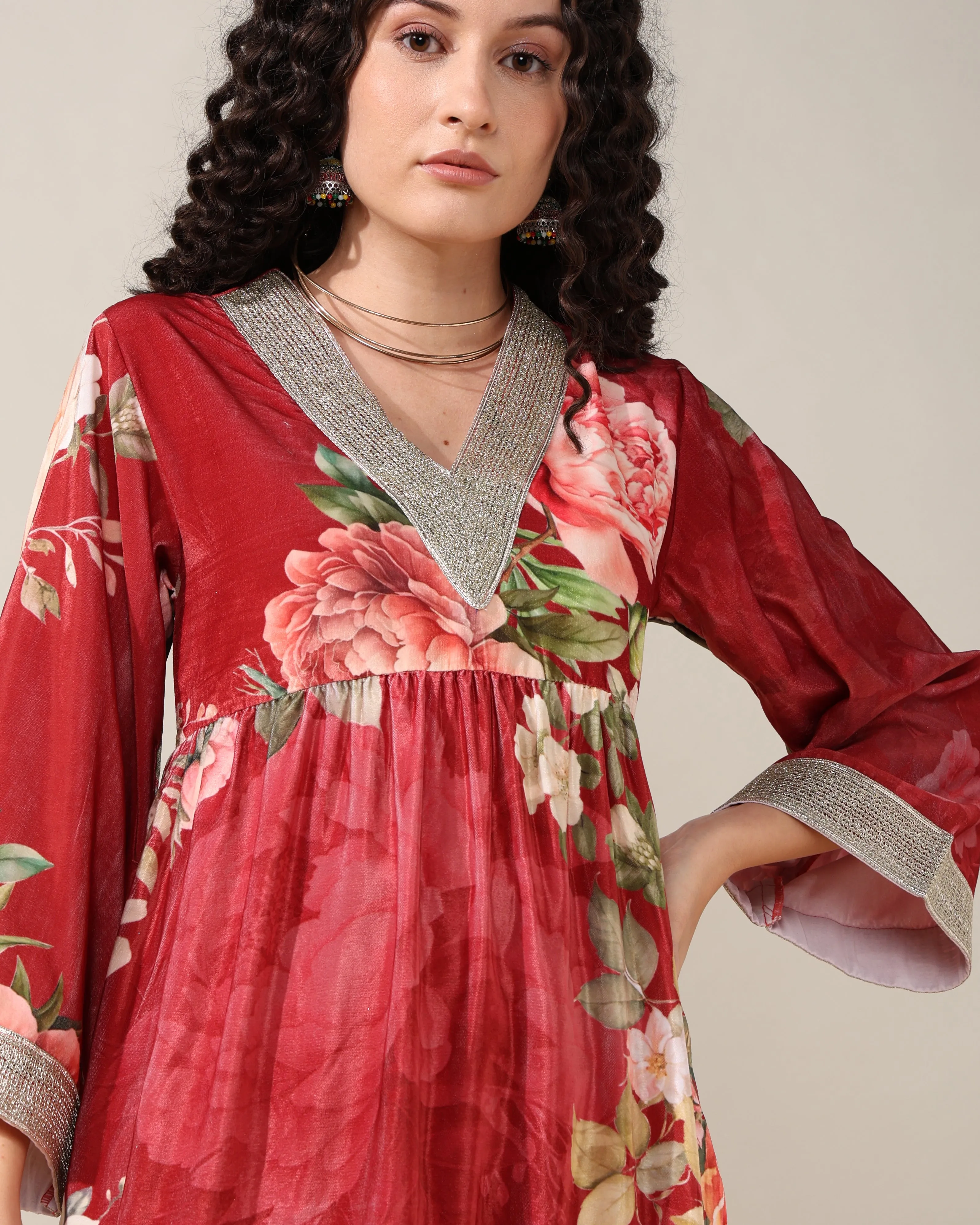 HOK ENSEMBLE - Printed Maroon yellow floral Velvet Suit set
