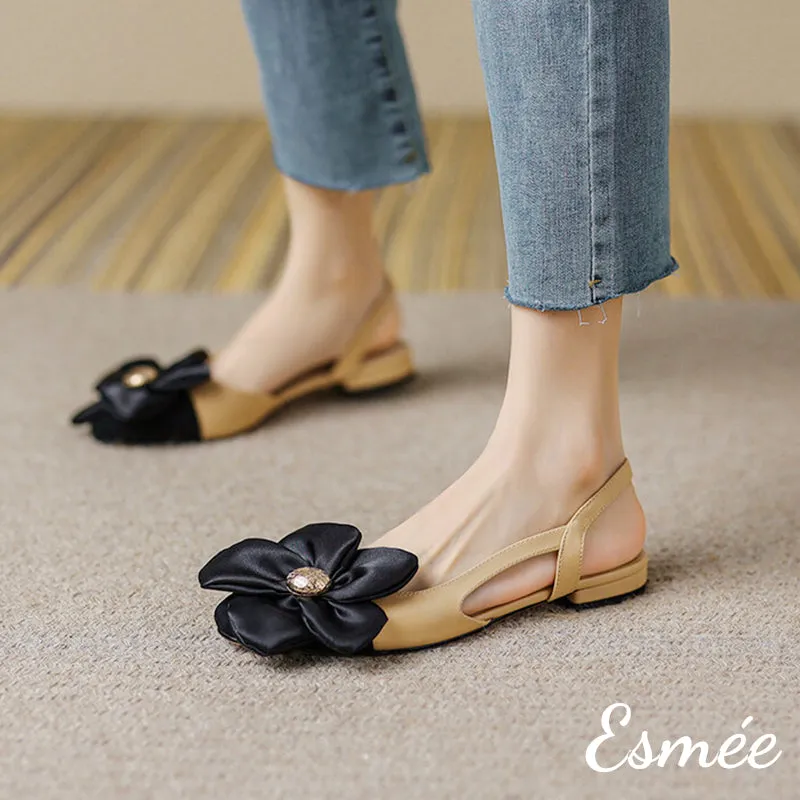 Leather Flat Sandals with Big Flower Design