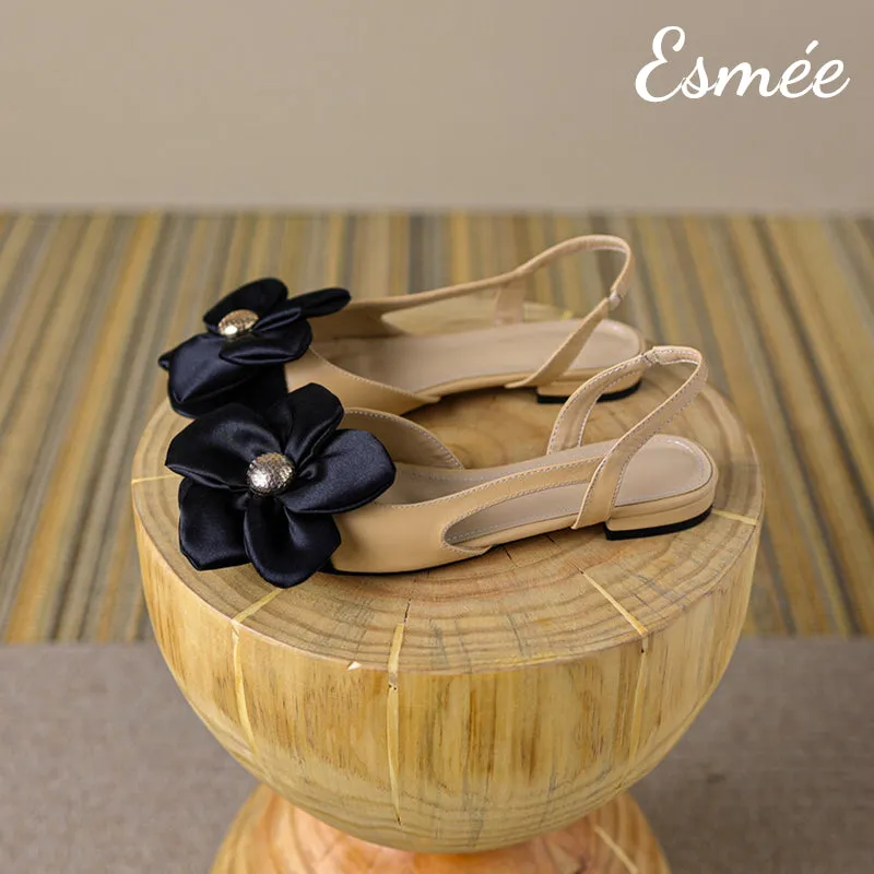 Leather Flat Sandals with Big Flower Design
