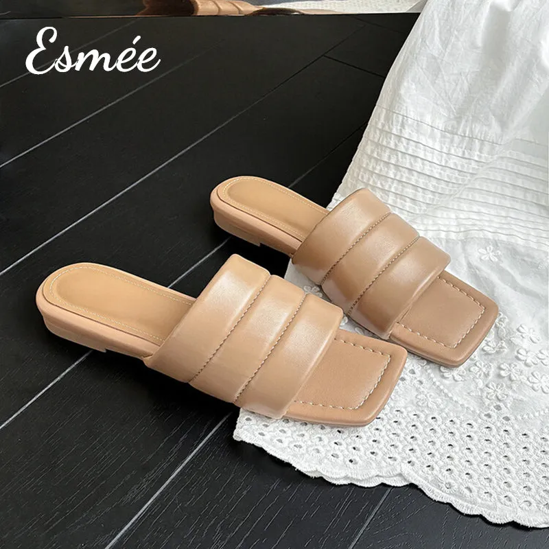 Leather Flat Sandals with Square Toe Design