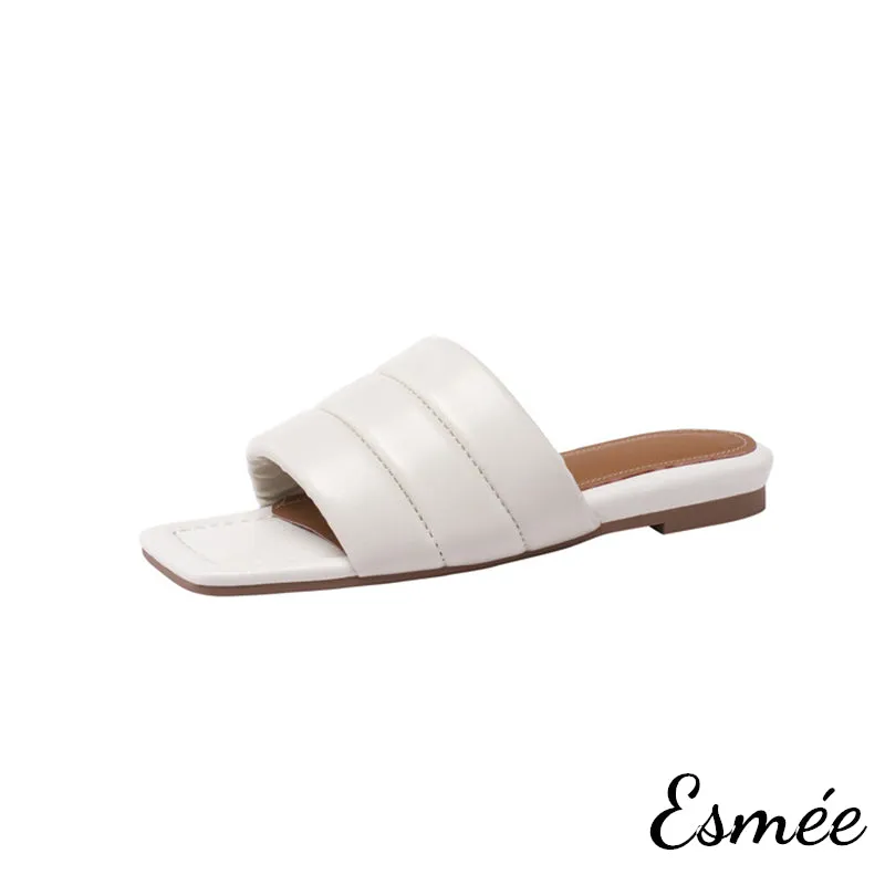 Leather Flat Sandals with Square Toe Design