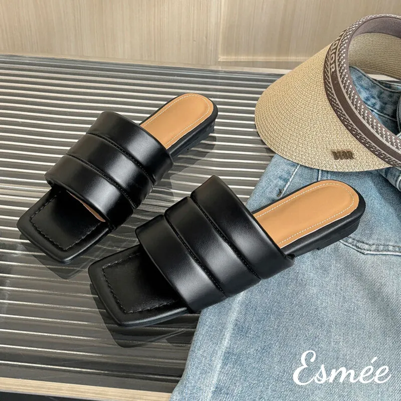 Leather Flat Sandals with Square Toe Design