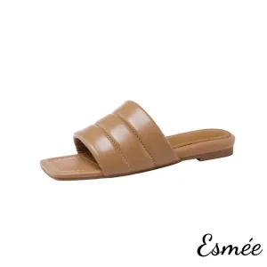 Leather Flat Sandals with Square Toe Design