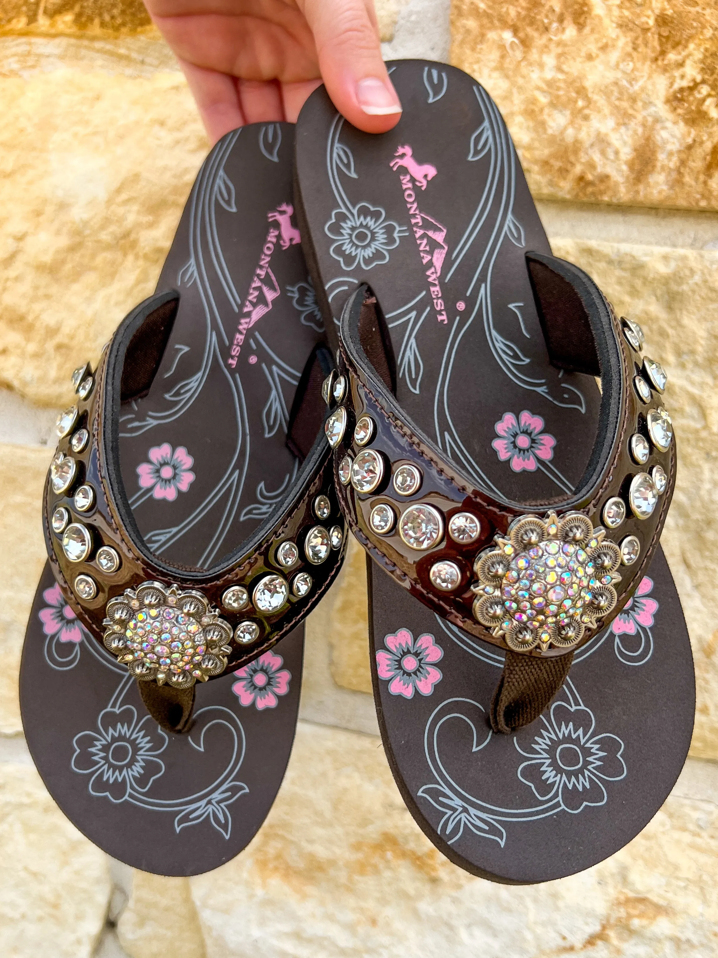 Montana West Patent Leather Rhinestone Flip Flops - Coffee