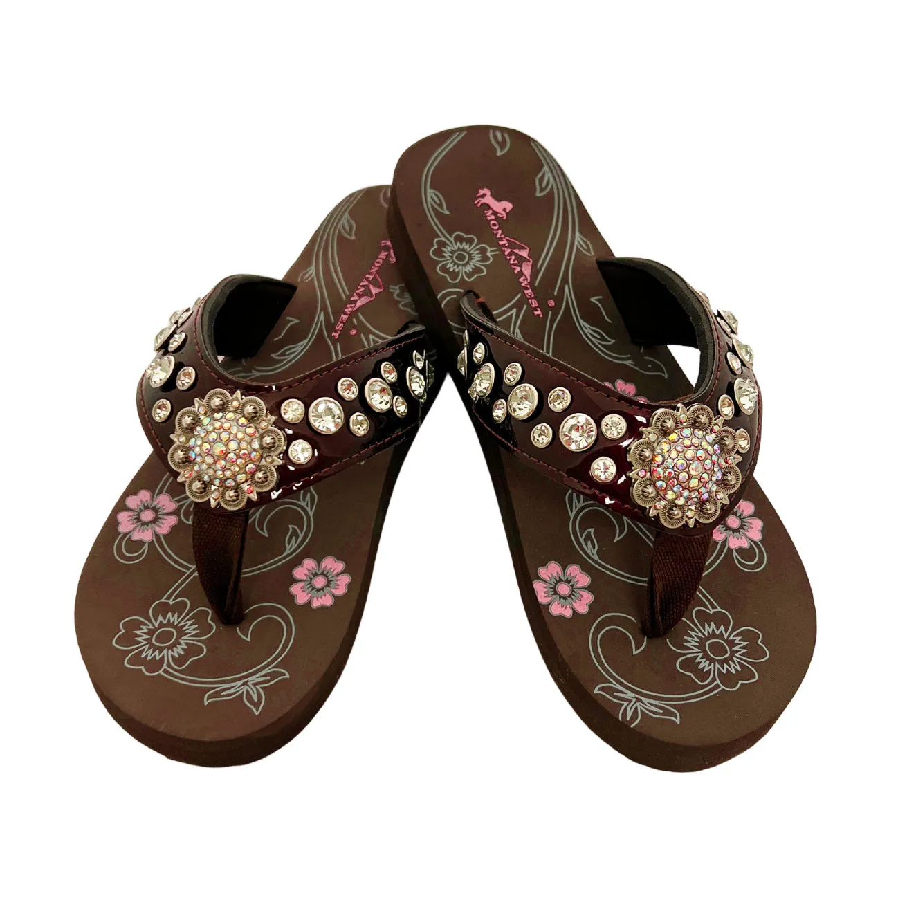 Montana West Patent Leather Rhinestone Flip Flops - Coffee