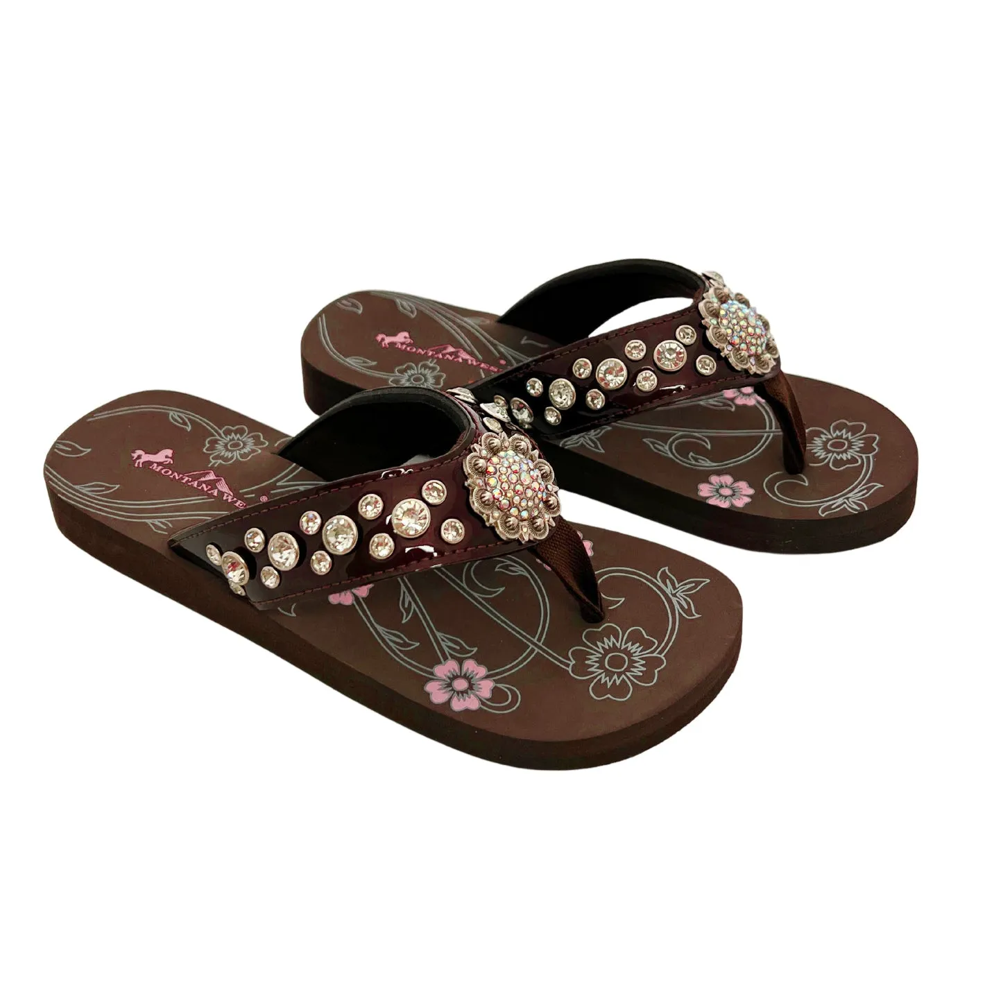 Montana West Patent Leather Rhinestone Flip Flops - Coffee