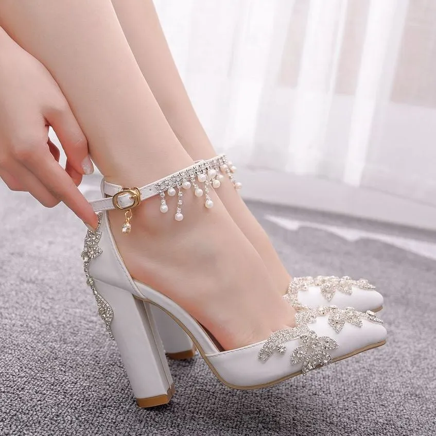 Rhinestone white beads ankle strap pointed toe wedding heels