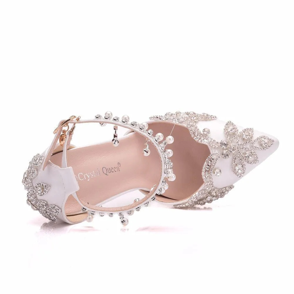 Rhinestone white beads ankle strap pointed toe wedding heels