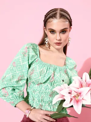 Style Quotient Women Green & Pink Floral Print Top