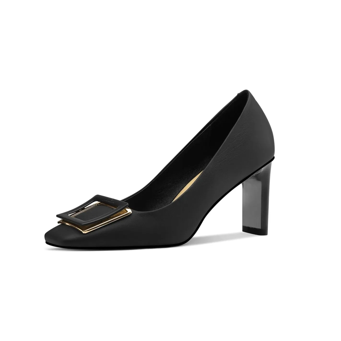 TinaCus Women's Genuine Leather Handmade Square Toe Mid Chunky Heels Stylish Pumps Shoes with Buckle Décor