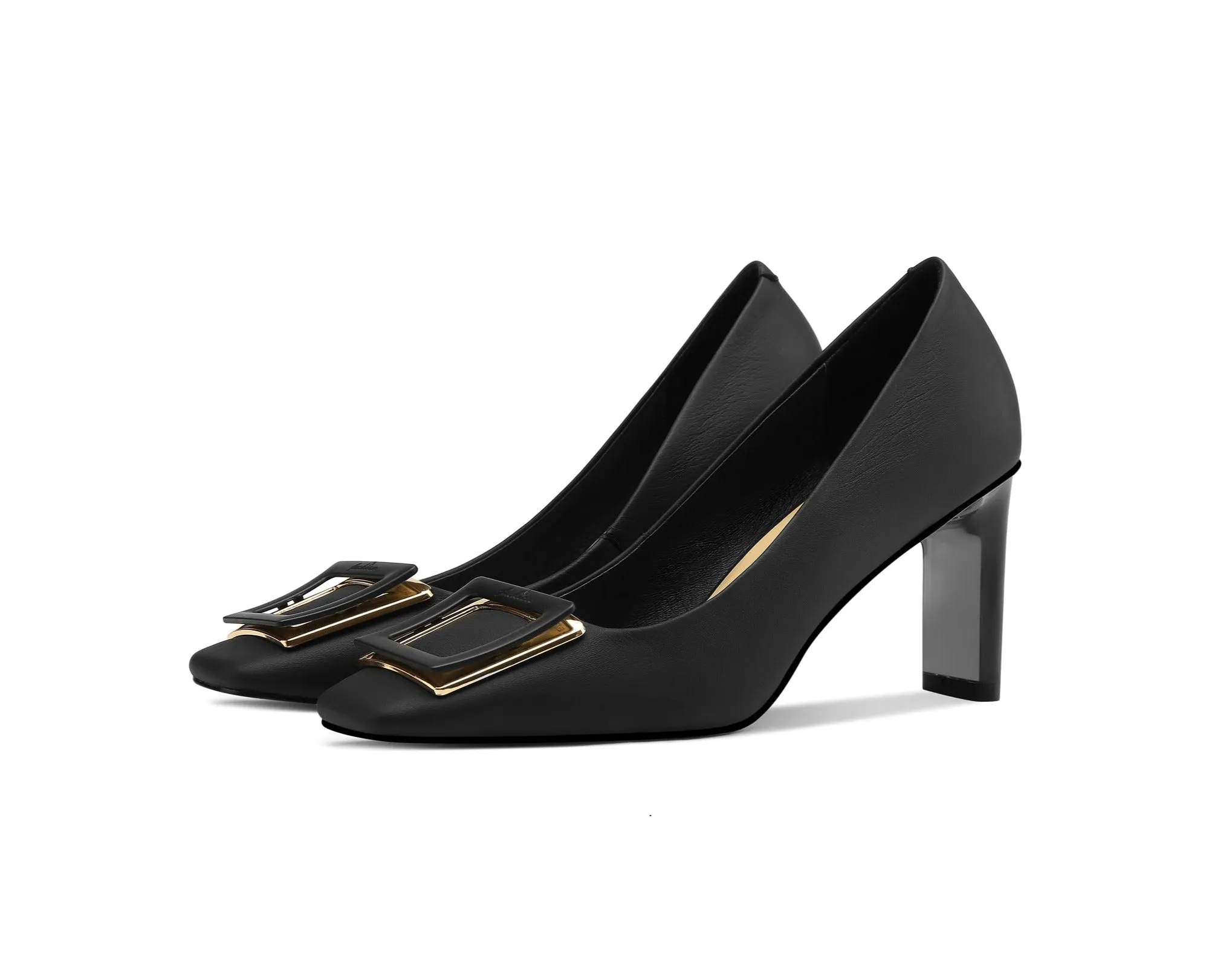 TinaCus Women's Genuine Leather Handmade Square Toe Mid Chunky Heels Stylish Pumps Shoes with Buckle Décor